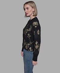Karl Lagerfeld Paris Women's Baroque Floral Crewneck Sweater