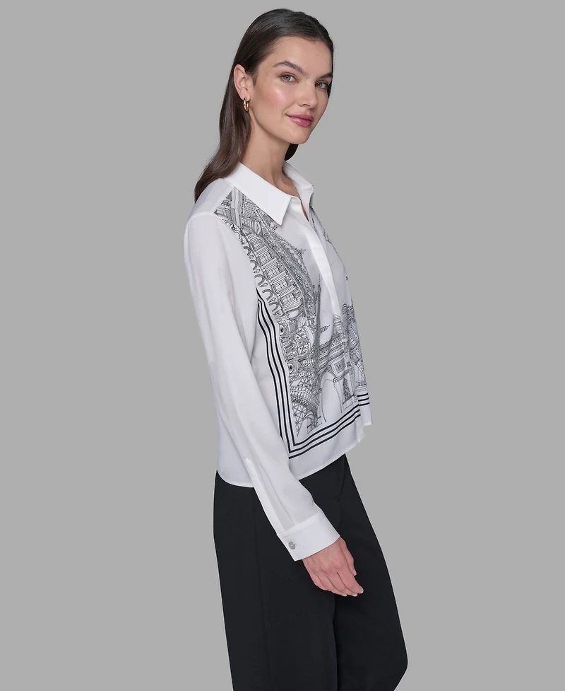 Karl Lagerfeld Paris Women's Placed Print Button Down Top