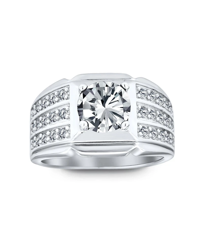 Bling Jewelry 3 Row Pave Cubic Zirconia Wide Side Band 3CTW Cz Solitaire Statement Ring Silver Plated
