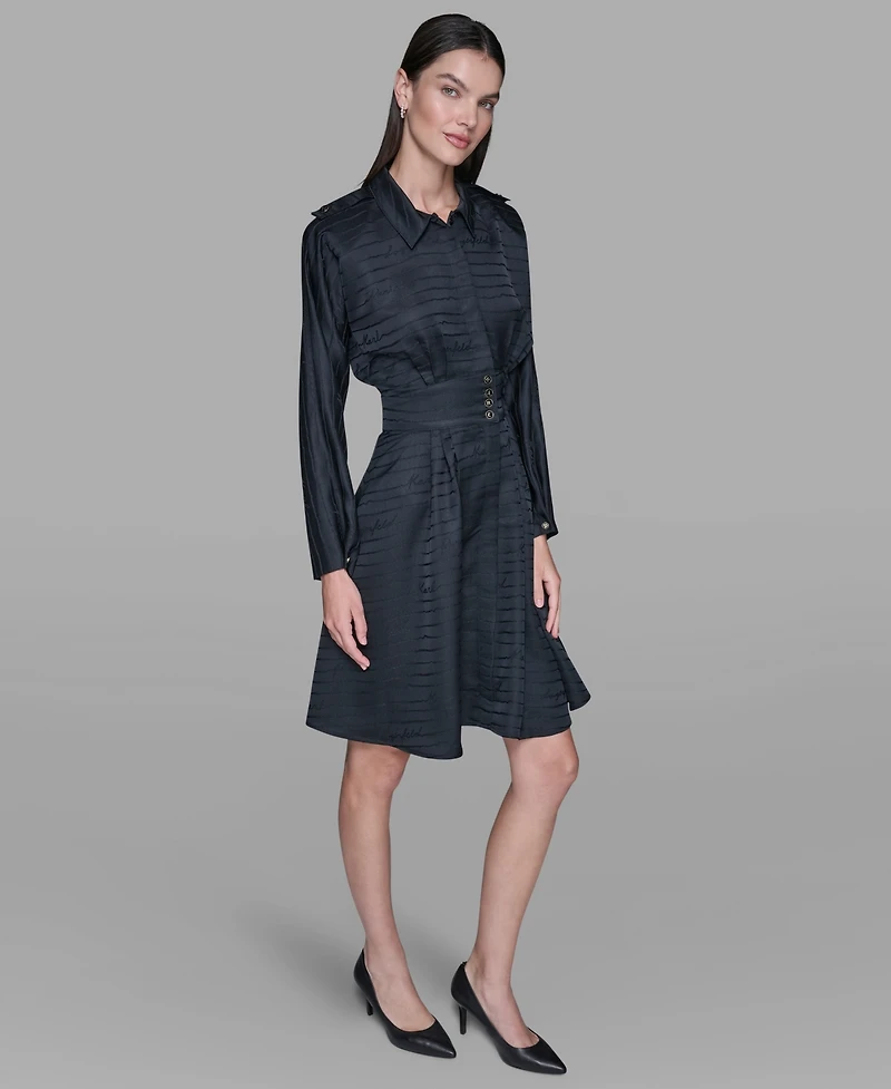 Karl Lagerfeld Paris Women's Tonal Long Sleeve Collared Jacquard Dress