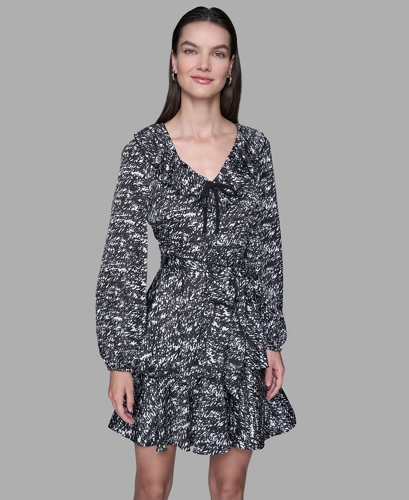 Karl Lagerfeld Paris Women's Printed Satin Ruffle V-Neck Dress