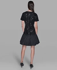 Karl Lagerfeld Paris Women's Sequin Bow Applique Drop-Waist Dress