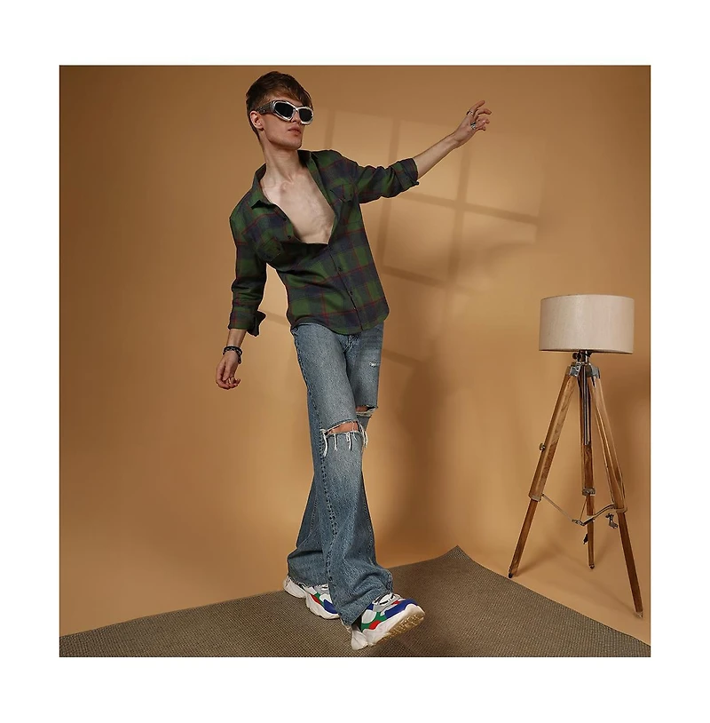 Campus Sutra Men's Forest Green & Indigo Blue Buffalo Check Utility Shirt