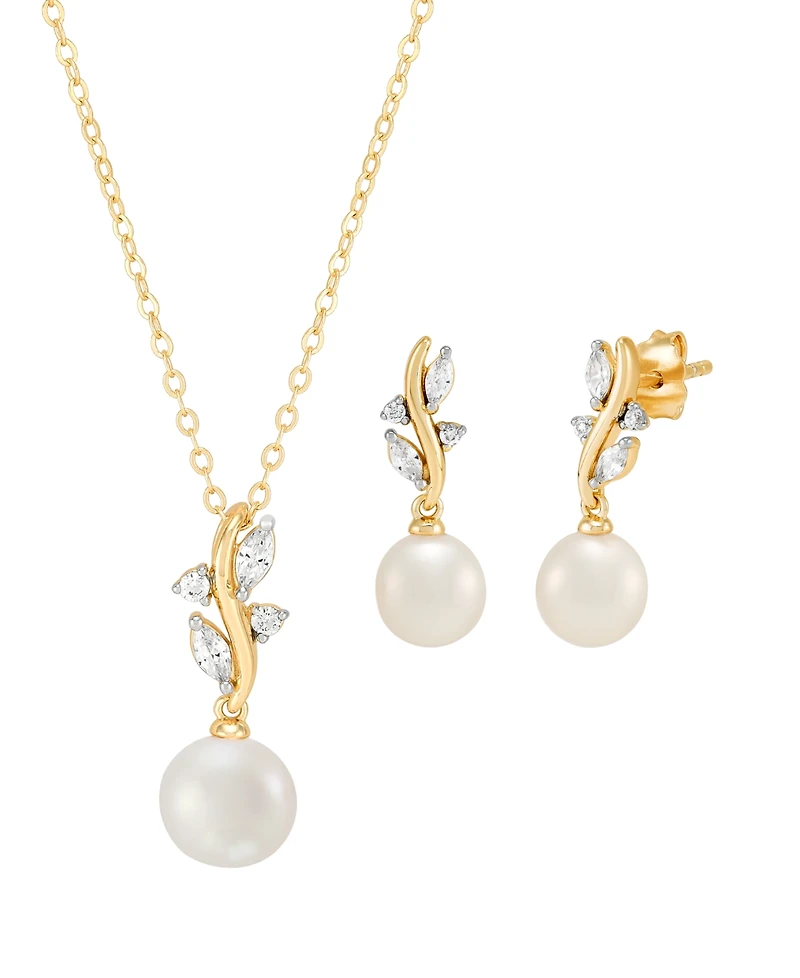 Macy's 2-Pc. Cultured Freshwater Pearl (7-8mm) and White Cubic Zirconia Drop Earrings and Pendant Necklace Set in 14k Yellow Gold Over Sterling Silver