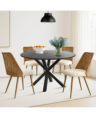 Maison Boucle 5-Piece Round Glass Dining Set, Modern Kitchen Table with Oak Finish Metal Legs and 4 Upholstered Chairs for Small Spaces