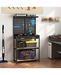 Sugift Tool Storage Workbench with Pegboard with 14 Hanging Accessories for Garage-Black and Blue
