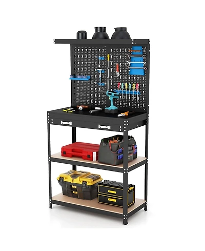 Sugift Tool Storage Workbench with Pegboard with 14 Hanging Accessories for Garage-Black and Blue