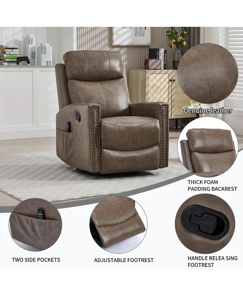 Genuine Leather Heat Massage Manual Recliner Chair with Rocker and Swivel for Living Room