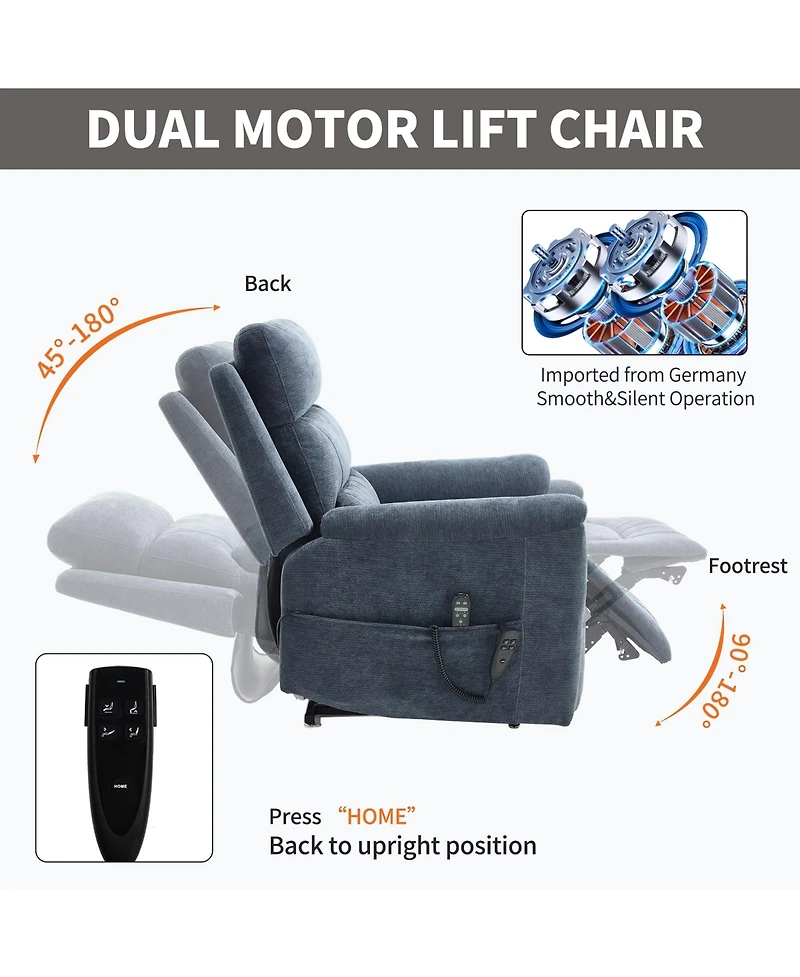 Chenille Dual Motor Infinite Position Up to 350 Lbs Power Lift Recliner Chair with 8-Point Vibration Massage and Lumbar Heating,Blue