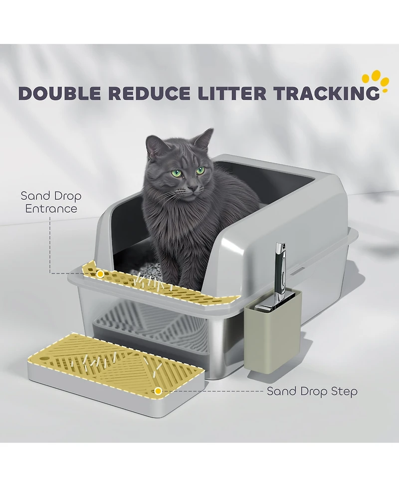 PawHut Stainless Steel Litter Box, High Sided Anti-Urine Leakage Non-Sticky