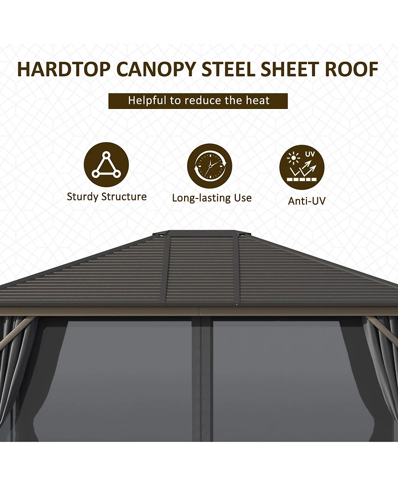 Outsunny 10'x12' Hardtop Gazebo, Mesh, Curtains, Steel Slat Canopy, Dark