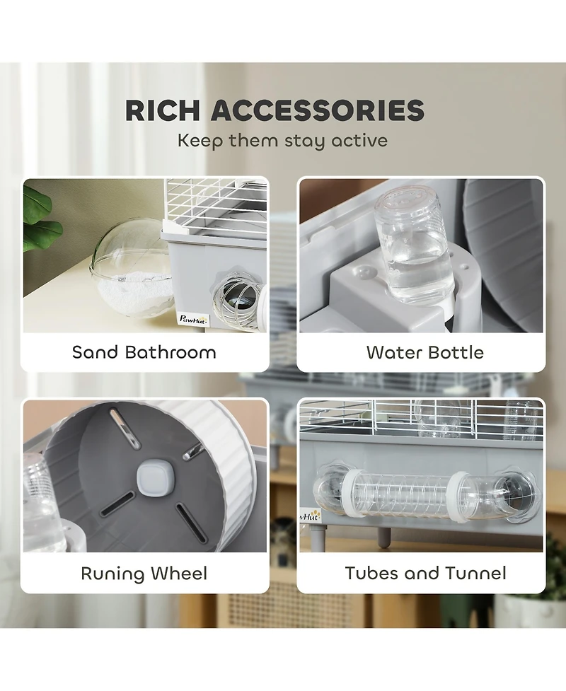 PawHut 2-Tier Hamster Cage, Hamster Habitat with Accessories,