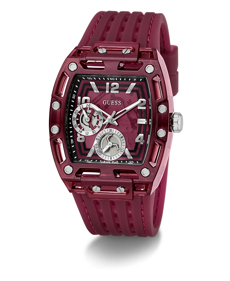 Guess Men's Burgandy Silicone Multi-Function Watch, 42mm