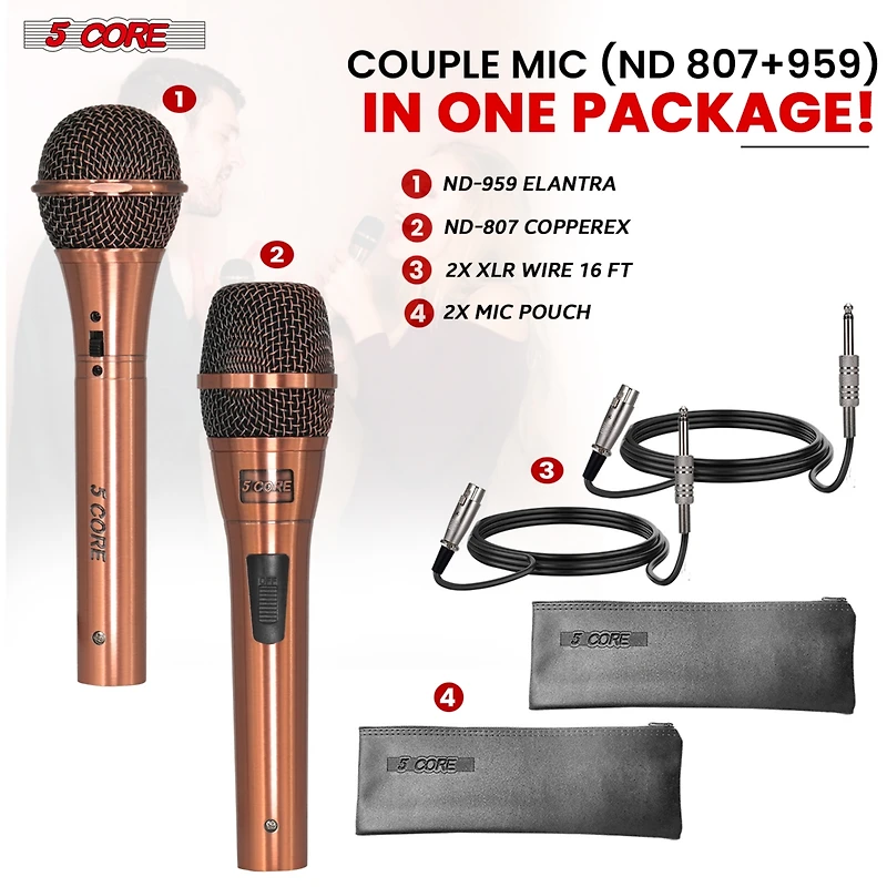 5 Core Dynamic Microphone Handheld Cardioid Pair Xlr Wired Professional Couple Mic for Duet Karaoke