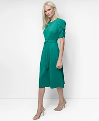Dkny Women's Short Sleeve Scuba Crepe Belted Fit and Flare Midi Dress