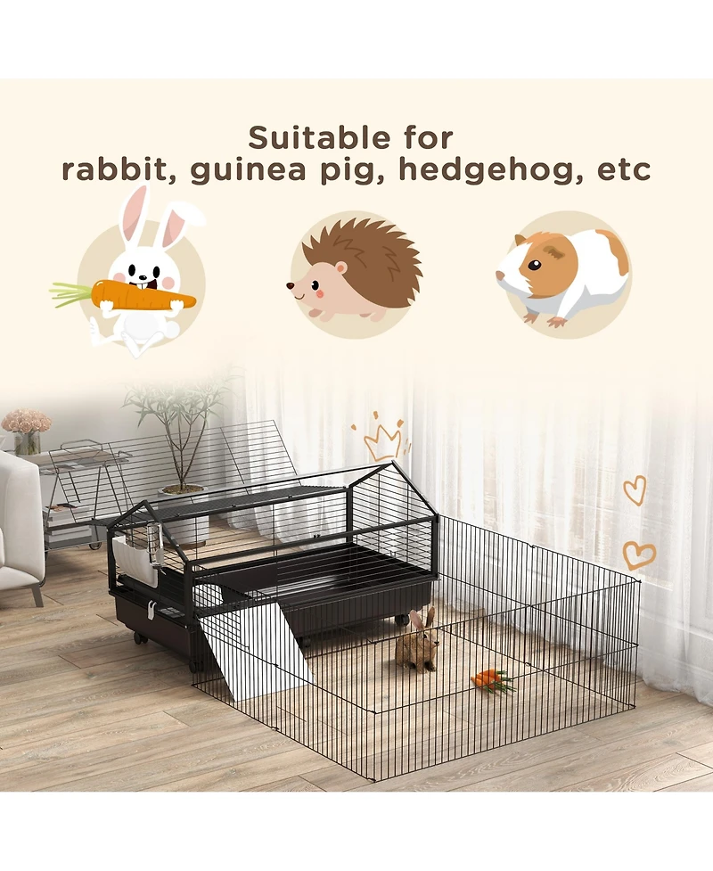 PawHut Small Animal Playpen Cage with Rolling Caster, Water Bottle 46.5"