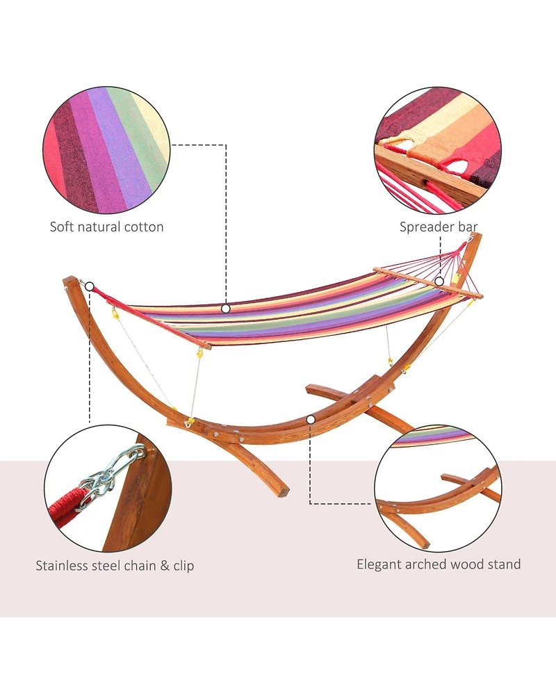 Outsunny Wooden Curved Arc Hammock Stand with Cotton Hammock Outdoor Patio Swing Multicolor