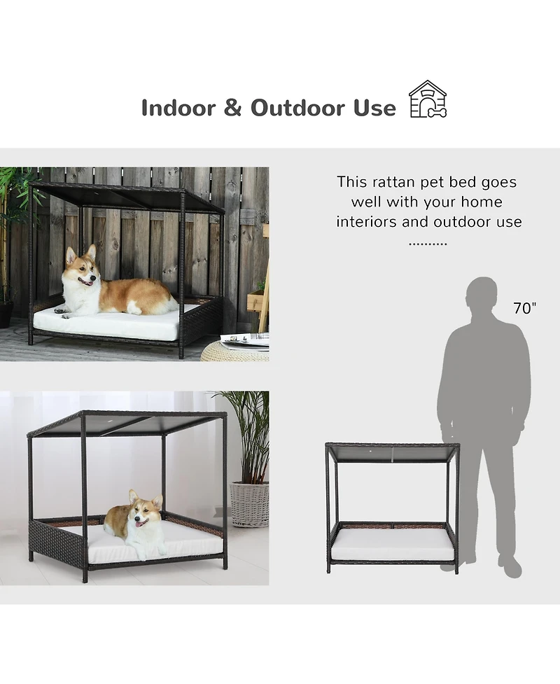 PawHut Rattan Pet Bed with Cushion for Small & Medium pets Brown and White