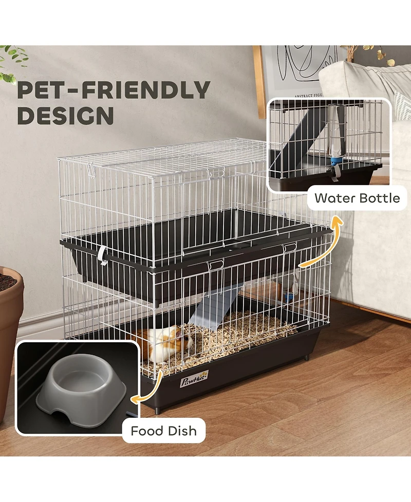 PawHut 2-Tier Mouse Cage, Ferret Cage W/ Dish and Bottle, Ramp, 2 Doors
