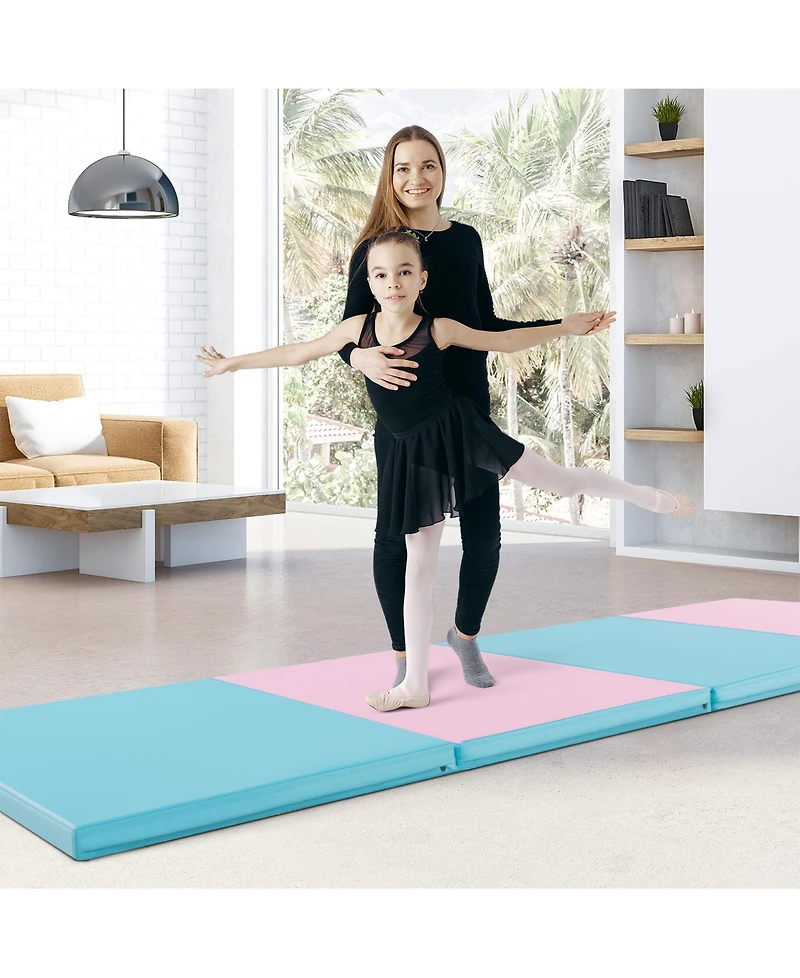 Sugift 4-Panel Pu Leather Folding Exercise Mat with Carrying Handles-Pink & Blue