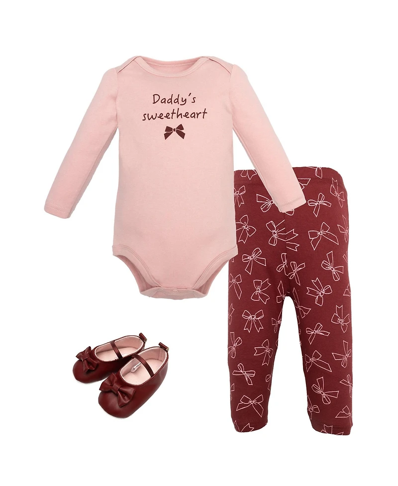 Hudson Baby Girls Cotton Bodysuit, Pant and Shoe Set, Sweetheart Bows, 9-12 Months