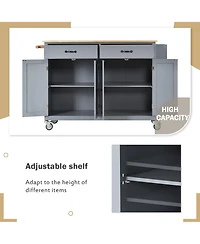 sumyeg 54.3inch Kitchen Island Cart with Solid Wood Top, Locking Wheels, 4-Door Cabinet, Two Drawers, Spice Rack and Towel Rack for Dining Room