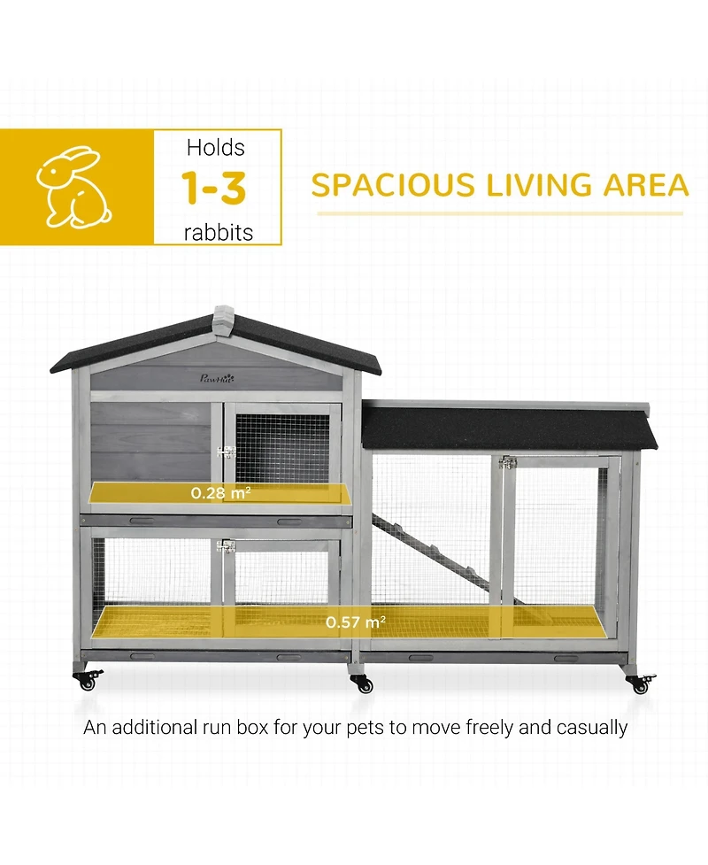 PawHut 62" Wooden Rabbit Hutch with Wheels, Run Box, No Leak Tray, and Ramp