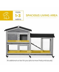 PawHut 62" Wooden Rabbit Hutch with Wheels, Run Box, No Leak Tray, and Ramp