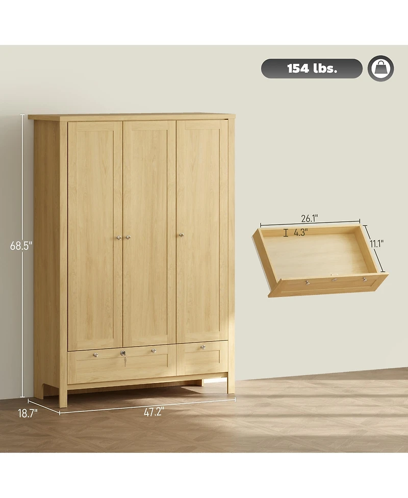 Homcom Wardrobe Closet with 3 Doors and 2 Drawers Bedroom Armoire Natural