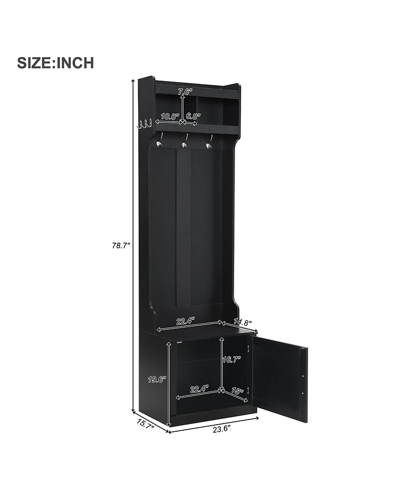 Clihome Slim Hall Tree with Cabinet and 6 Hooks, Minimalist Black Wood/Metal Foyer Organizer