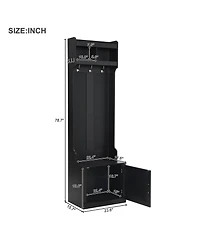 Clihome Slim Hall Tree with Cabinet and 6 Hooks, Minimalist Black Wood/Metal Foyer Organizer