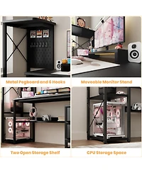 Gaming Desk with 2 Fabric Drawers and Led Lights, Reversible Computer Outlets & Diy Pegboard