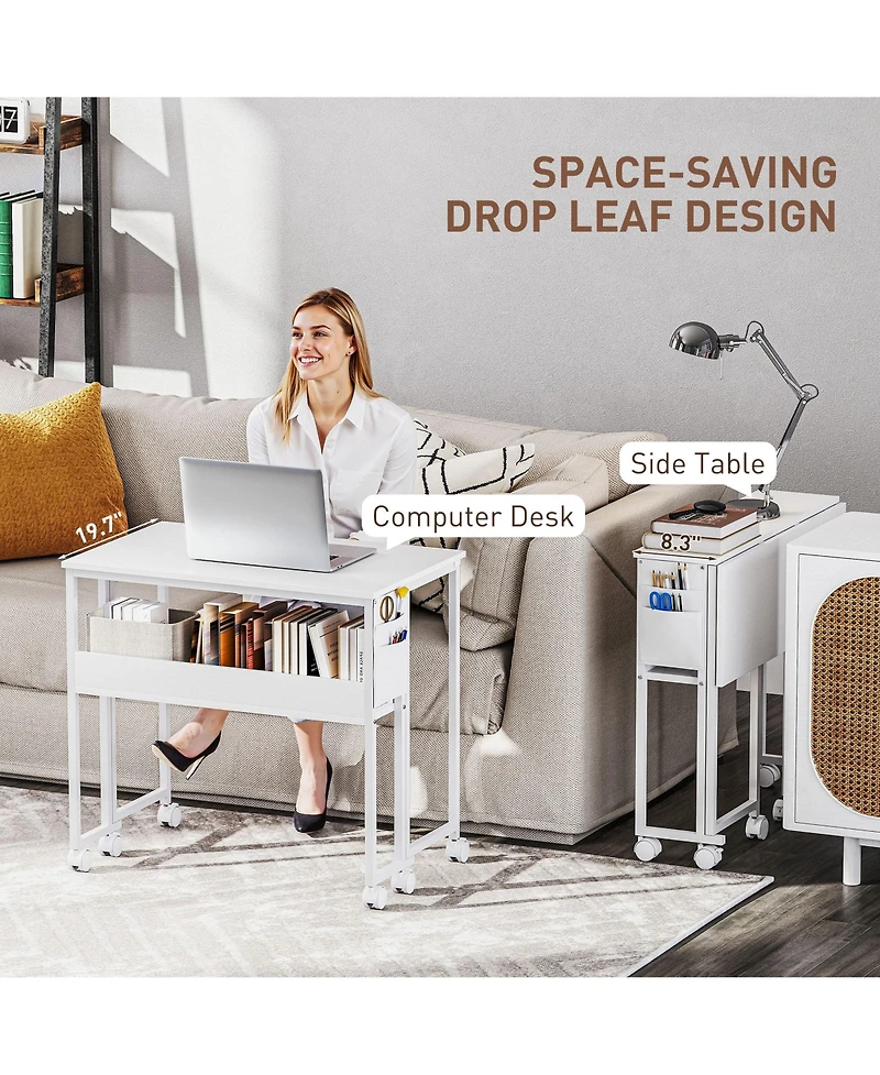 Homcom Small Folding Desk Foldable Computer Desk with Shelf Wheels