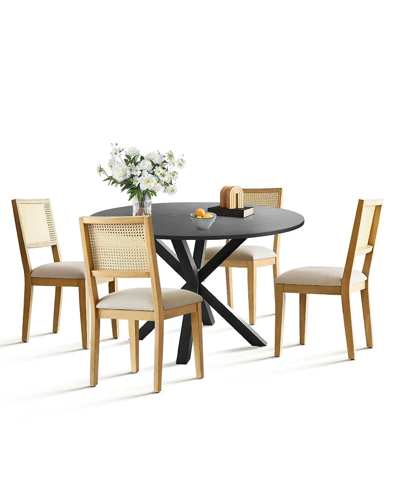 Maison Boucle 5-Piece Black Round Dining Set, Mdf Table with Faux Rattan Back Chairs and Upholstered Seats Apartment Small Dining Room-Maison Boucle