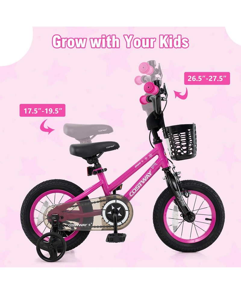 Costway 12" Kid s Bike with Training Wheels Adjustable Handlebar & Seat Handbrake