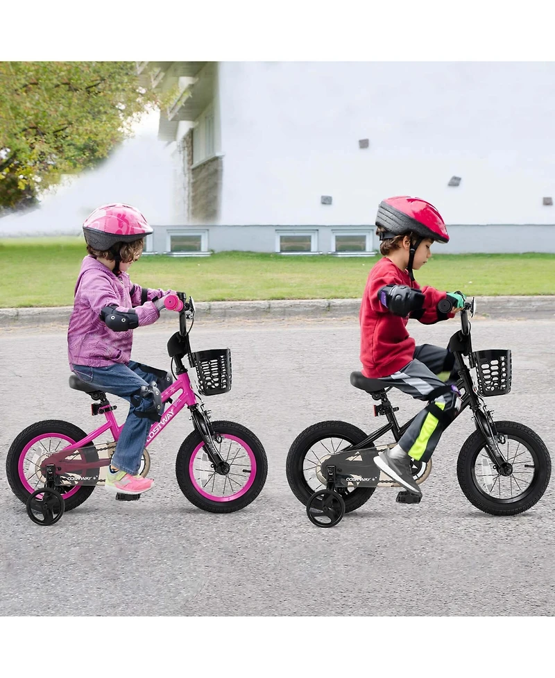 Costway 12" Kid s Bike with Training Wheels Adjustable Handlebar & Seat Handbrake