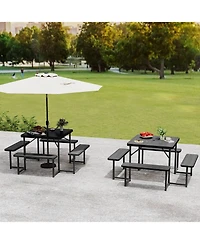 Outdoor Square Picnic Table Bench Set for 4-8 People with Umbrella Hole