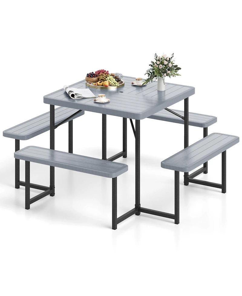 Outdoor Square Picnic Table Bench Set for 4-8 People with Umbrella Hole
