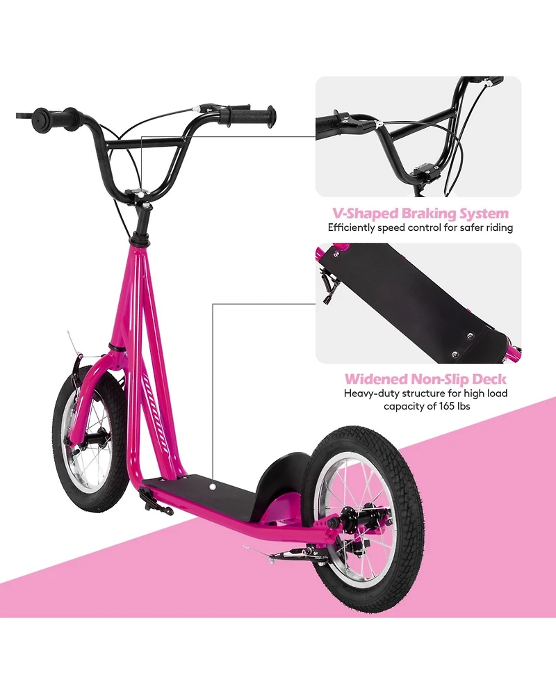 Sugift Height Adjustable Kid Kick Scooter with 12 Inch Air Filled Wheel-Pink