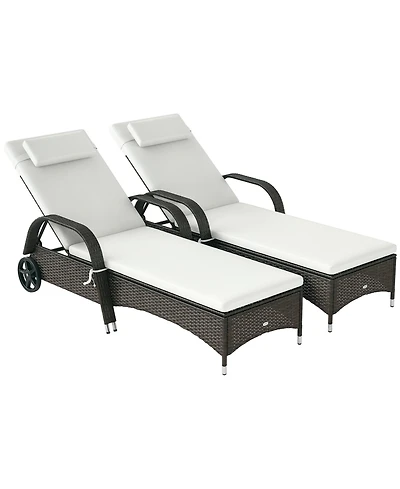 Outdoor 2 Pe Rat Sun Bathing Chairs w/ Cushions & Pillows,