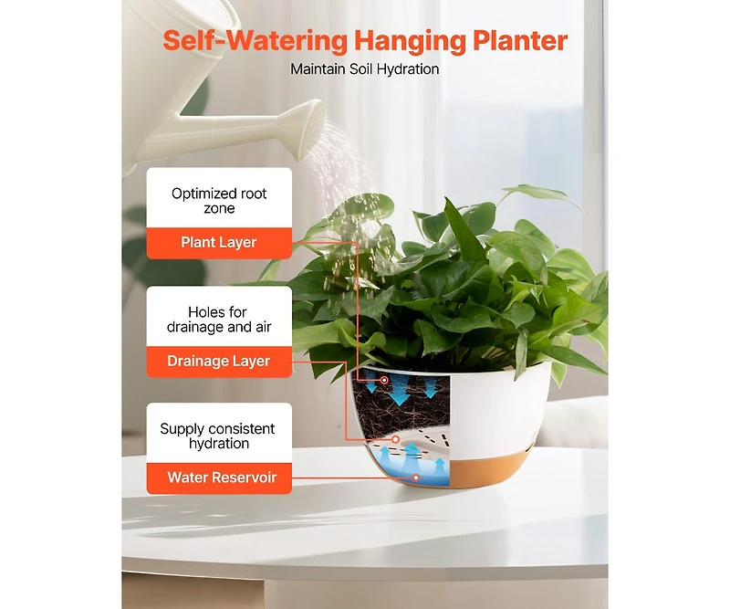 Set of 2 Hanging 10" Self-Watering Flower Pots for Indoor and Outdoor Use