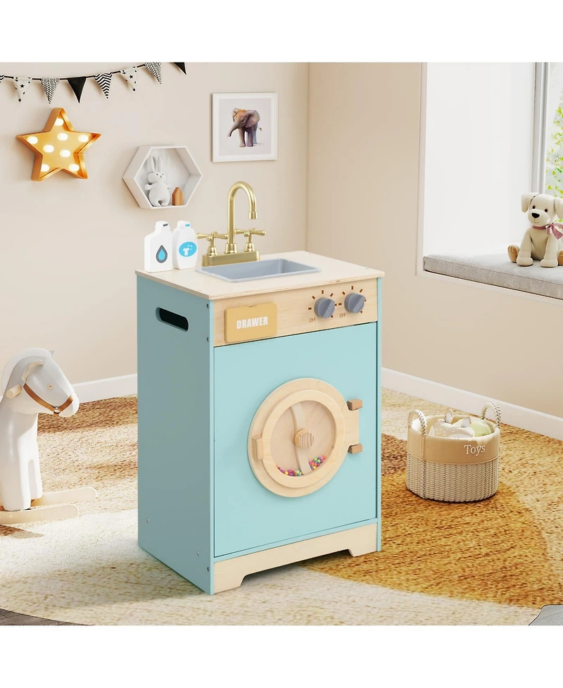 Skonyon Wooden Kids Laundry Playset with Washer, Sink, and Accessories