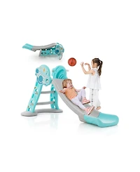 Sugif 3-in-1 Folding Slide Playset with Basketball Hoop and Small Basketball-Blue