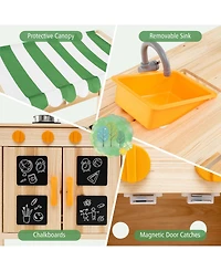 Mud Kitchen Fir Wood Play Kitchen with Canopy and Sink and 4 Stoves-Natural