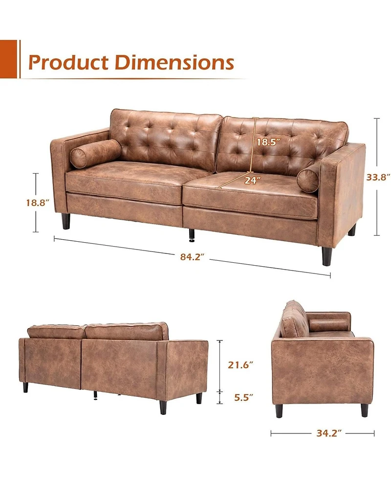Aecojoy Faux Leather Sofa, 84.2-Inch Mid Century Modern 3-Seater Couch with 2 Bolster Pillows