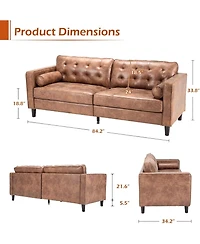 Aecojoy Faux Leather Sofa, 84.2-Inch Mid Century Modern 3-Seater Couch with 2 Bolster Pillows