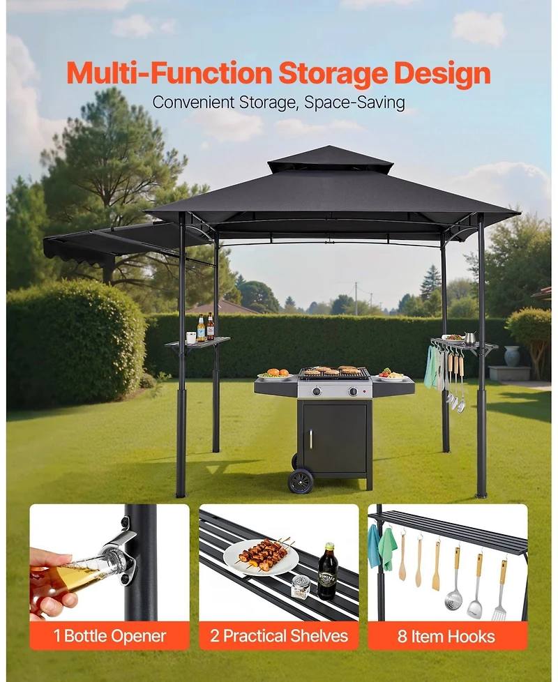 Slickblue Reinforced 8'x5' Outdoor Grill Gazebo with Awning, Shelf, and Double-Tier Top