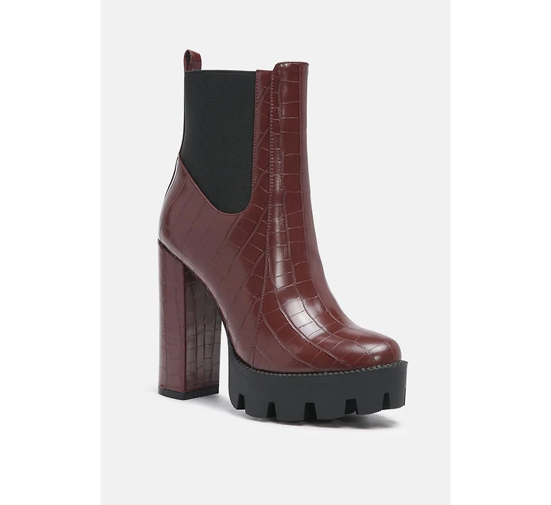 London Rag Beatriz Croc Print Block Heel Ankle Boots