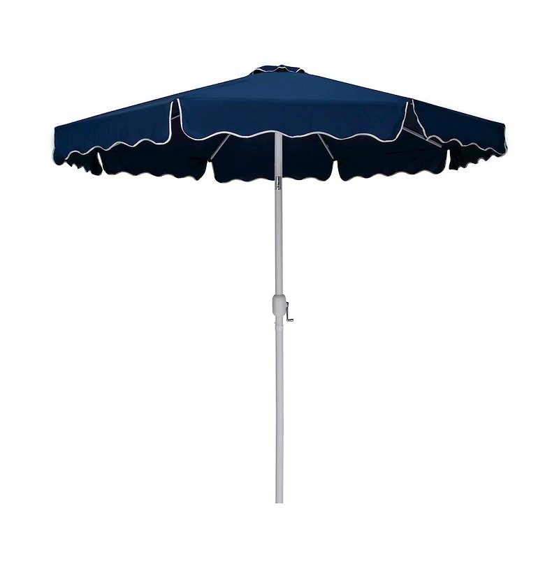 Meridian Furniture Amalfi Navy/Teak Metal Patio Umbrella Set with Cream Piping, Includes Base – Stylish Outdoor Shade Solution