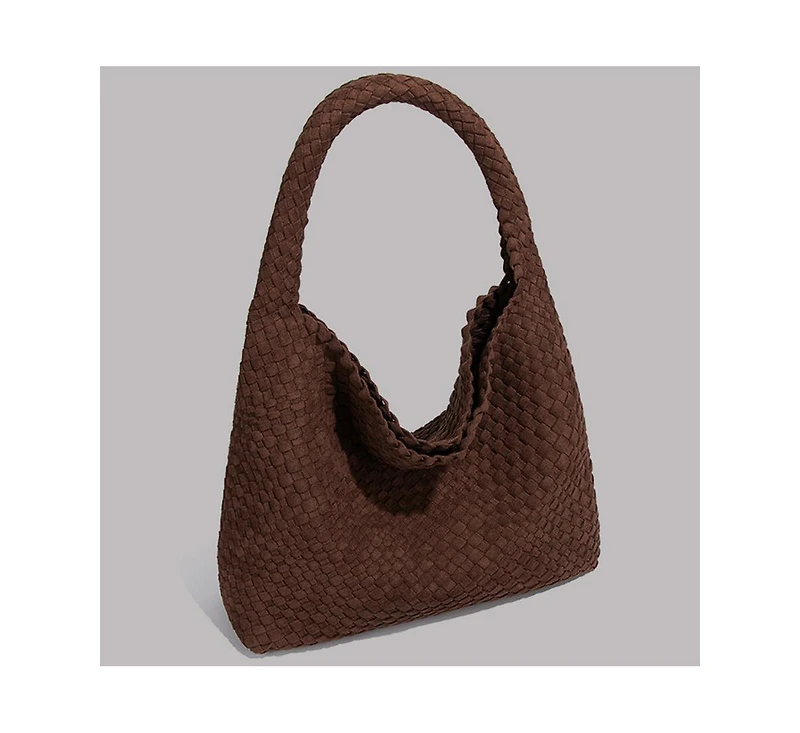 Susu Brown and Espresso Suede Woven Hobo Bag Large Slouchy Shoulder Tote Handbag for Women Soft Braided Texture Work Purse